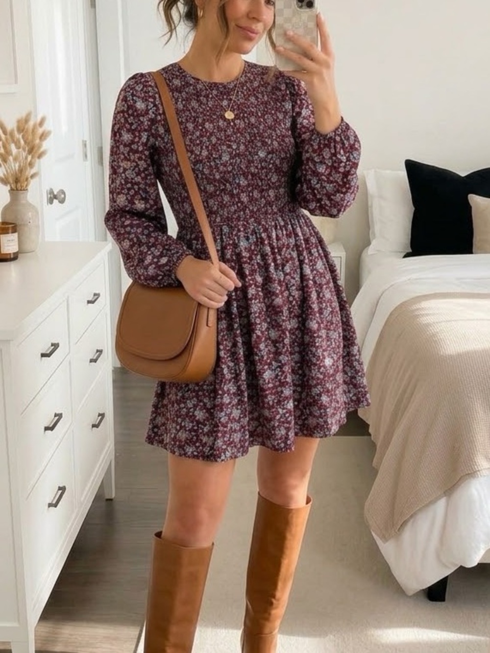 NWT - Old Navy Burgundy Floral Long-Sleeve Smocked Mini Dress Size Medium Tall